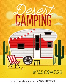 Vintage Travel Poster With Travel Trailer On Desert. Vector Illustration.