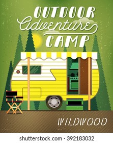 Vintage Travel Poster with Travel Trailer on Forest. Vector illustration.