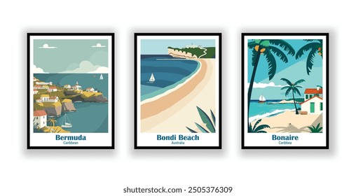 Vintage travel posters, High quality prints, Vector illustration, Bermuda, Caribbean, Bonaire, Caribbean, Bondi Beach, Australia