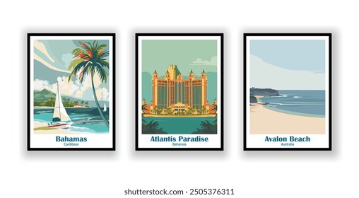 Vintage travel posters, High quality prints, Vector illustration, Atlantis Paradise, Bahamas, Avalon Beach, Australia, Bahamas, Caribbean