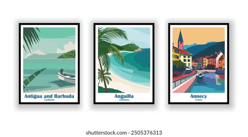 Vintage travel posters, High quality prints, Vector illustration, Anguilla, Caribbean, Annecy, France, Antigua and Barbuda, Caribbean