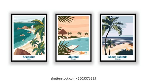 Vintage-Reiseplakate, Hochwertige Drucke, Vektorgrafik, Abaco-Inseln, Bahamas, Acapulco, Mexiko, Akumal, Mexiko