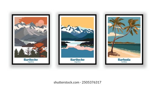 Vintage travel posters, High quality prints, Vector illustration, Barbuda, Caribbean, Bariloche, Argentina, Bariloche, Argentina