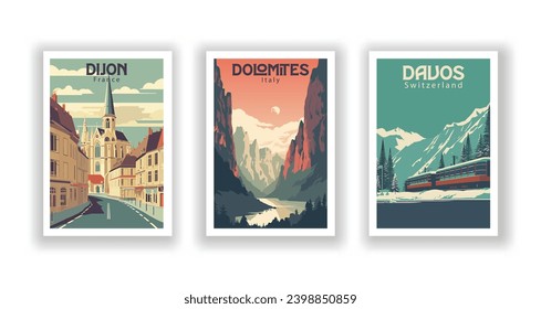 Vintage Travel Posters Set - Davos, Switzerland, Dijon, France, Dolomites, Italy svg