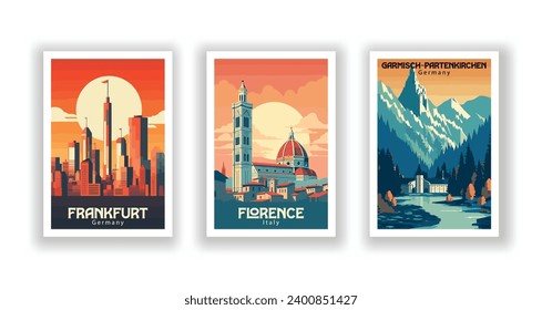 Vintage Travel Posters Set - Florence, Italy, Frankfurt, Germany, Garmisch-Partenkirchen, Germany