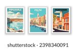Vintage Travel Posters Set - Palma, Spain, Pamukkale, Turkey, Perpignan, France