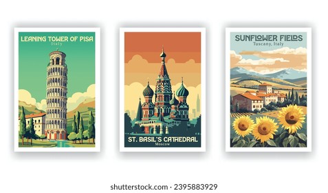 Vintage Travel Posters Set: Sunflower Fields, Tuscany, Italy; St. Basil's Cathedral, Moscow; Leaning Tower of Pisa, Italy