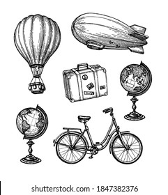 Vintage travel set. Ink sketch of retro objects isolated on white background. Hand drawn vector illustration.