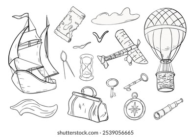 Vintage travel set with sailing ship, airplane and hot air balloons vector graphic illustration. Trip clipart with spyglass, compass silhouette hand drawn ink. Wave, cloud and bird black and white.