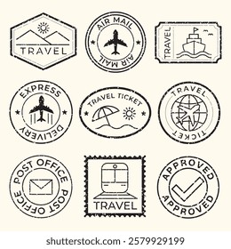 Vintage travel stamps with airplanes, ships, and trains. Travel-themed designs include air mail, express delivery, and approved stamps. Perfect for travel projects. Black travel stamps, vector set.