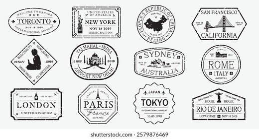 Vintage travel stamps with city names like New York, Tokyo, and Paris. Travel-themed designs featuring iconic landmarks and international destinations. Black travel stamps, vector set.