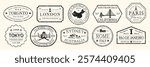 Vintage travel stamps featuring cities like Toronto, London, Beijing, Tokyo, Sydney, and Paris. Travel stamps showcase iconic landmarks and destinations. Black travel stamps, vector set.