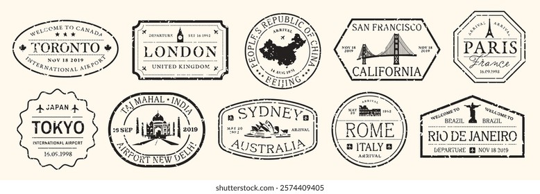 Vintage travel stamps featuring cities like Toronto, London, Beijing, Tokyo, Sydney, and Paris. Travel stamps showcase iconic landmarks and destinations. Black travel stamps, vector set.