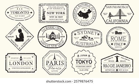 Vintage travel stamps featuring iconic cities: New York, Tokyo, Paris, and more. Retro design with landmarks, dates, and international flair. Travel, stamps, cities. Black travel stamps, vector set.