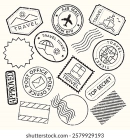 Vintage travel stamps with travel icons like planes, ships, and tickets. stamps for mail and travel tickets. Travel-themed stamp designs. Black stamps, vector set.