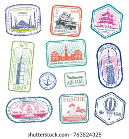 Vintage travel stamps with major monuments and landmarks vector set. Collection of stamp grunge for air mail and travel illustration