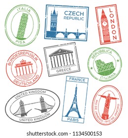 Vintage travel stamps for postcards with europe countries architecture attractions country culture trip tours sticker. Post stamp stickers for travels postcard colorful vector isolated icon set