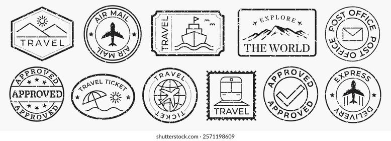 Vintage travel stamps with travel themes. Air mail, travel, and approved stamps. Travel icons include planes, ships, and trains.