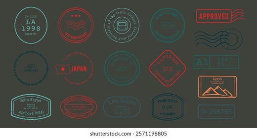 Vintage travel stamps, various shapes, colors. Travel stamps include locations, dates. Stamps feature retro designs, travel themes, and approval marks. Element vector collection.