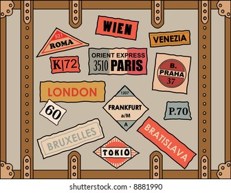 Vintage Travel Stickers On Old Luggage