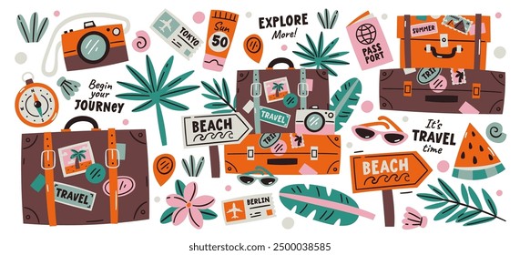 Vintage travel suitcase bags and touristic accessories for trip adventure set with tropical leaves. Tourist luggage and supplies for world discovery vector illustration. Tourism and holiday vacation