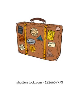 Vintage travel suitcase hand-drawn. Vector retro illustration of a suitcase on a white background.