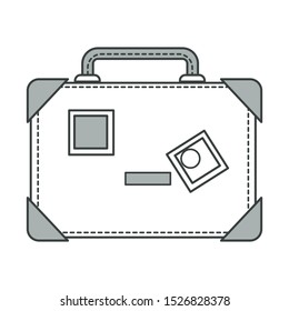 Vintage travel suitcase with stickers, stamps, labels. Hard case luggage, old-fashioned, classic and hand hold baggage item for trips. Linear flat monochrome isolated graphic vector illustration.