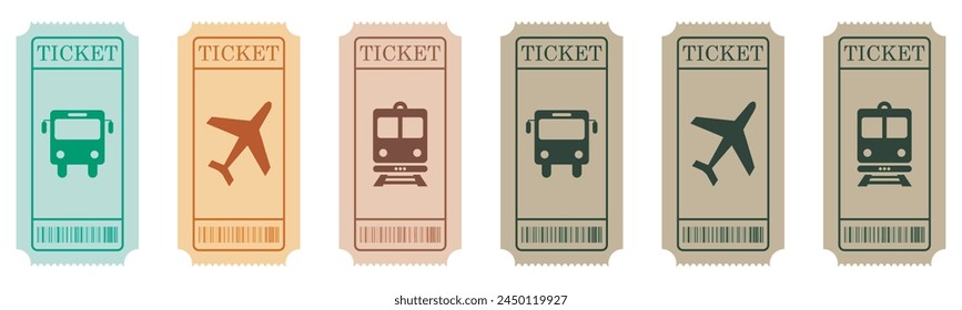 Vintage travel ticket template for bus, plane, and train railway pass. Vector illustration isolated on transparent background.