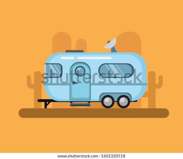 Vintage Travel Trailer, airstream\
camper in desert sunset. flat illustration\
vector