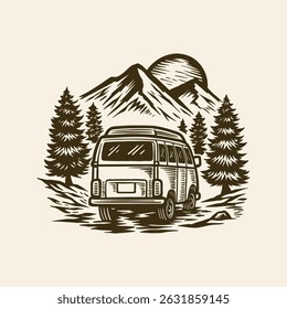 Vintage Trailer de viagem Camping ilustração, Camper RV desenhado à mão	

