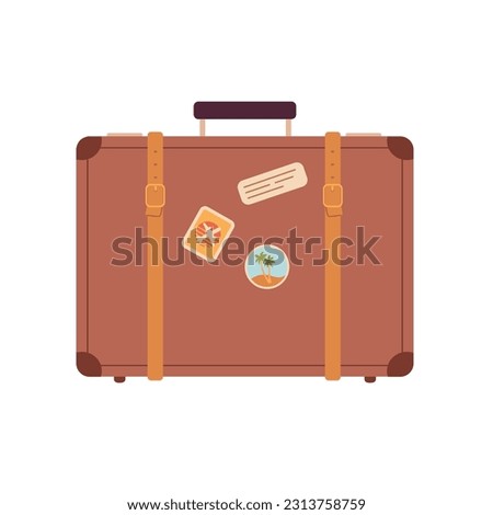 Vintage traveling leather suitcase with stickers. Cabin luggage vector illustration. Baggage icon