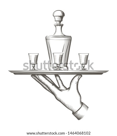 Vintage tray with drinks. Old style waiter tray with drink carafe and glasses, catering and waitering engraving sketch vector illustration