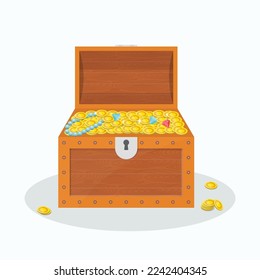 Vintage treasure chest with gold coin and ancient jewels
