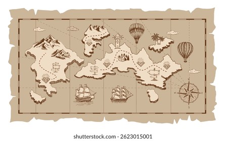 Vintage treasure map illustration with a compass, ships, and an island