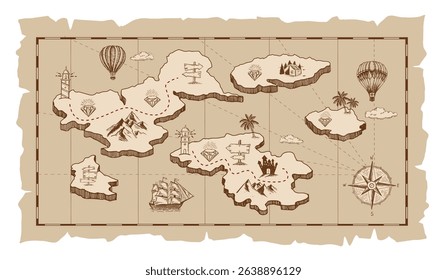 Vintage treasure map illustration with a compass, ships, and an island
