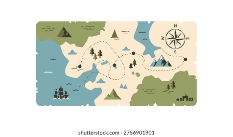 Vintage treasure map illustration featuring a pirate ship, compass, islands, mountains, and a dotted journey path.