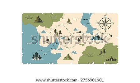Vintage treasure map illustration featuring a pirate ship, compass, islands, mountains, and a dotted journey path.