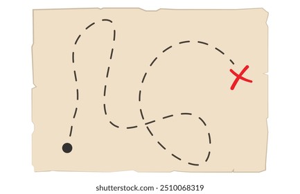 Mapa do tesouro vintage com X vermelho marca o local. Modelo de mapa simples com marcações