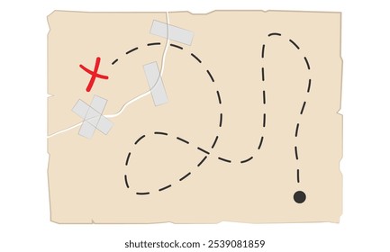 Mapa do tesouro antigo selado com uma fita adesiva. Um pedaço de papel envelhecido com x marca o local 