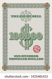 Vintage Treasury Bill One Hundred Thousand Dollars With Red Chicago Stamp And Tracery Frame