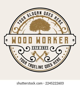 Vintage Tree Axe Wood Workers Logo Carpentry Badge Label Illustration Vector Design