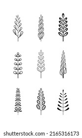 Vintage tree branches vector set in hand drawn style with leaves and flowers isolated on white background. Set of different linear laurel leaves. Wheat and olive wreaths for victory, triumph.