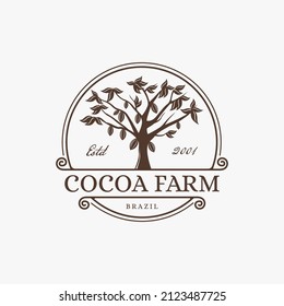 Vintage tree of cacao, cocoa farm logo design vector emblem badge on white background