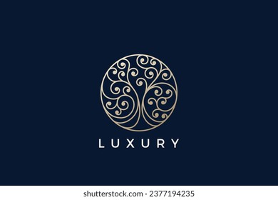 Vintage Tree Logo Circle shape Luxury Jewelry Design Vector template Linear Outline style. Golden Oak Logotype concept icon.