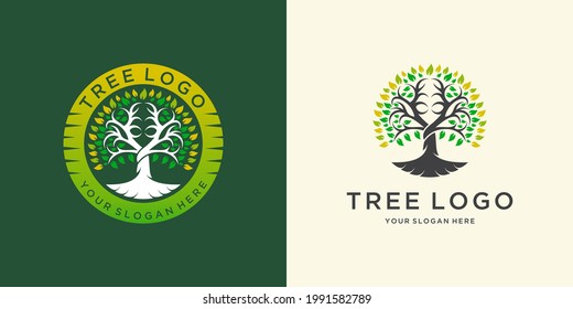 Logo de árbol de vintage y plantilla de conjunto de iconos
