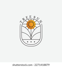 Vintage Tree Sun Logo Design line art icon .