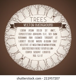 Vintage trees background. Ornate trees in sepia. There is place for your text in the center. 