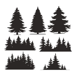 Vintage Trees And Forest Silhouettes Set In Monochrome Style Isolated Vector Illustration