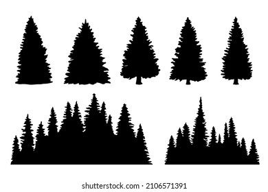 Vintage trees, forest silhouettes set. outline of a coniferous forest. Isolated. Vector illustration