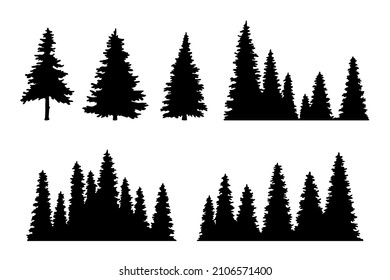 Vintage trees, forest silhouettes set. outline of a coniferous forest. Isolated. Vector illustration